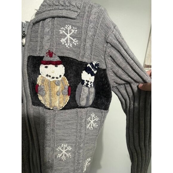 EUC Storybook Knits Sweater Gray Cable Knit Snowman Full Zip Cardigan Snowflake - Picture 5 of 7